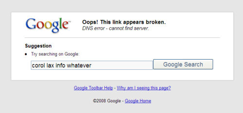 Google Toolbar 5's self-generated 404 error screen