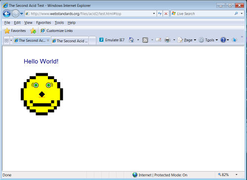 Internet Explorer 8 on Windows Vista running the Acid2 test. Internet Explorer 8 on Windows Vista running the Acid2 test.