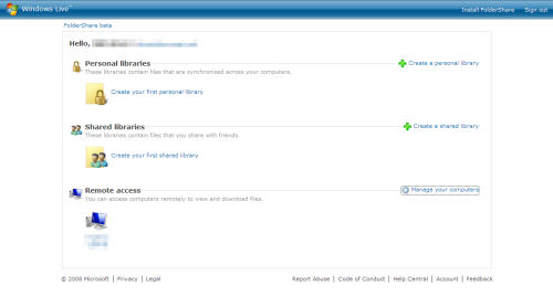 The completely revised home panel of Microsoft FolderShare, here projected by Firefox 2.0.0.12.