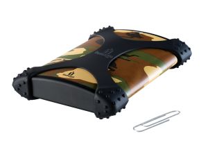 Iomega's rugged and distinctive Camo portable HDD, built to sustain a drop of five feet without damage.