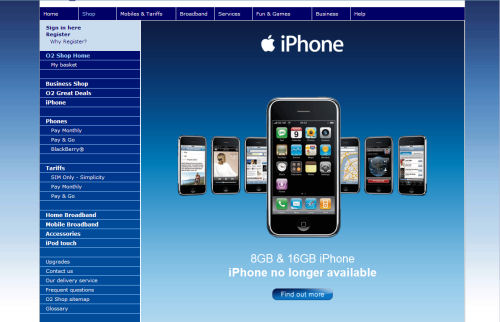 A warning on UK service provider O2's Web site on Thursday, May 8, made it appear it was no longer selling iPhones at all.