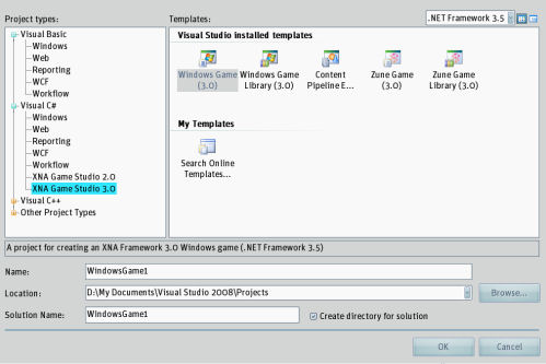 What's missing from this picture?  The sample templates, which are a critical part of the Game Studio 3.0 CTP; in VS 2008 standard, they don't seem to get installed.