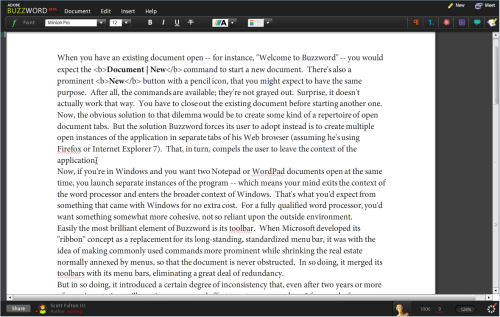 The main composition screen in Buzzword, Adobe's latest beta of its online word processor, from June 2008. The main composition screen in Buzzword, Adobe's latest beta of its online word processor, from June 2008.