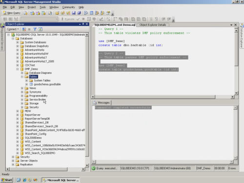 A demonstration of a policy being invoked in Microsoft SQL Studio 2008.