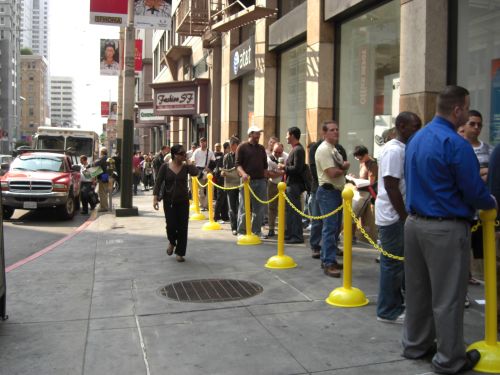 Line of customers outside an AT&T store in downtown San Francisco Line of customers outside an AT&T store in downtown San Francisco