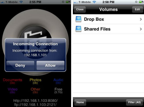 Screenshots from Datacase remote file storage application for iPhone 2.0