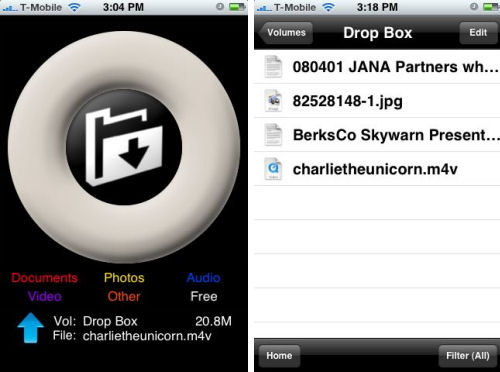Screenshots from Datacase remote file storage application for iPhone 2.0