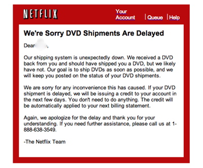 Netflix email announcing delay