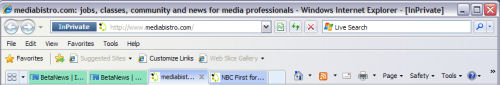 IE8 Beta 2's new tab bar, which enables color-coding of related tabs. Note InPrivate browsing is active here. IE8 Beta 2's new tab bar, which enables color-coding of related tabs. Note InPrivate browsing is active here.