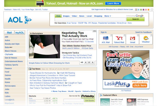 The newly redesigned front page of AOL.com on 9/10/2008, complete with links to mail other than AOL's The newly redesigned front page of AOL.com on 9/10/2008, complete with links to mail other than AOL's