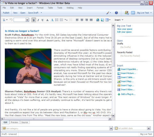 The main screen from the first public beta of 'Wave 3' of Windows Live Writer The main screen from the first public beta of 'Wave 3' of Windows Live Writer