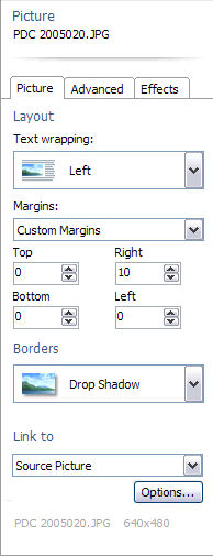 The properties pane for inserted images in 'Wave 3' of Windows Live Writer