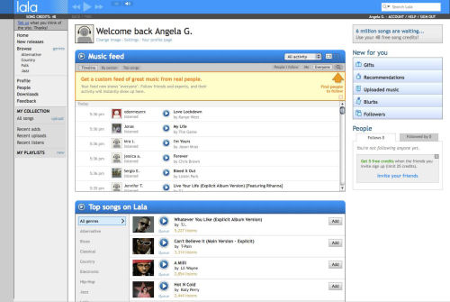 The front page of Lala.com, which lets you preview full tracks of indie artists' work. The front page of Lala.com, which lets you preview full tracks of indie artists' work.