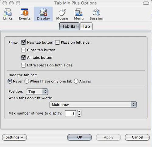 The options panel from the latest version of the Tab Mix Plus plug-in for Firefox.