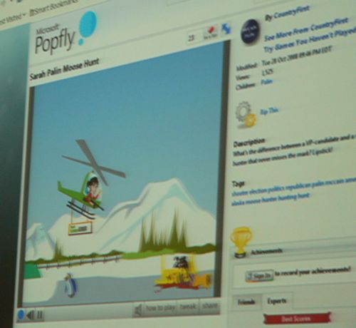 A Microsoft Popfly game called 'Sarah Palin Moose Hunt,' shown running on Firefox for Linux via Moonlight.