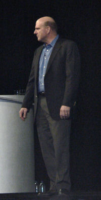 Microsoft CEO Steve Ballmer, at the 'Heroes Happen Here' rollout presentation in Los Angeles, February 27, 2008.
