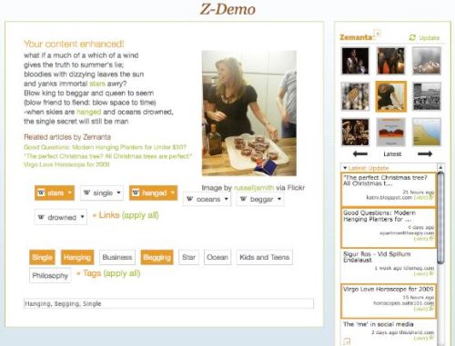 Screen shot from Zemanta service Screen shot from Zemanta service