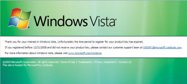 The message that greets recipients of free Vista copies as of January 16, 2009 The message that greets recipients of free Vista copies as of January 16, 2009