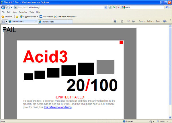 There should be a lot more color in this picture of the Acid3 test on IE8 RC2...Of course, there should be a higher number than 20, too. There should be a lot more color in this picture of the Acid3 test on IE8 RC2...Of course, there should be a higher number than 20, too.