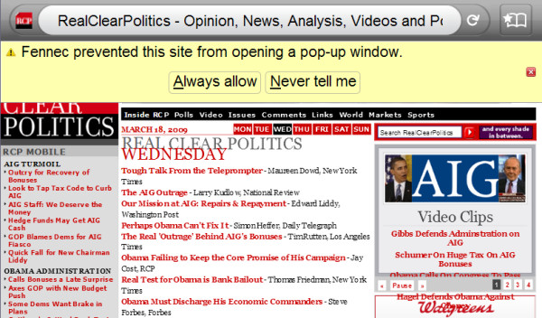 The information bar sounds off a warning in Mozilla Fennec Beta 1. The information bar sounds off a warning in Mozilla Fennec Beta 1.