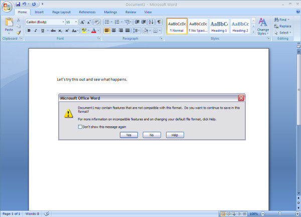 The little warning that Microsoft gives you when you try to save an Office 2007 file as ODF.