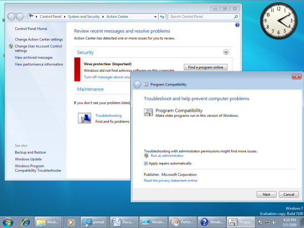 Windows 7's new Troubleshooting panel, as part of Action Center.