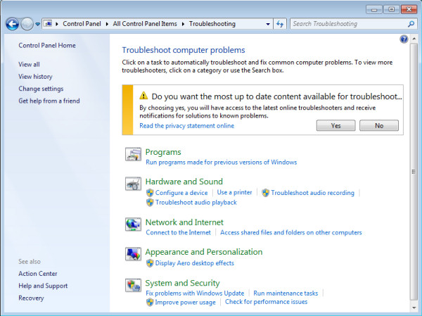 The complete set of currently available Windows 7 Troubleshooting Packs appears in the Control Panel.
