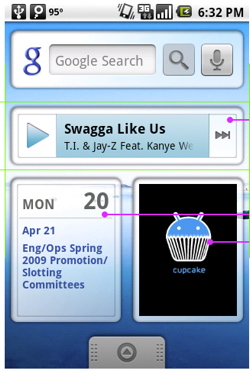 Music Player, Calendar, Photo Frame and Google Search bar widgets