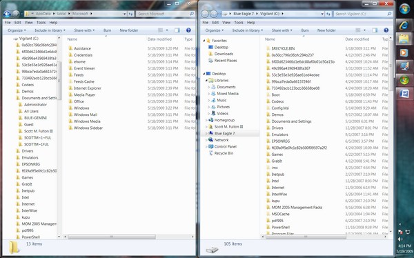 Maybe not instantaneous, but relatively short-order dual-pane file-copy action in the new Windows Explorer for Windows 7.