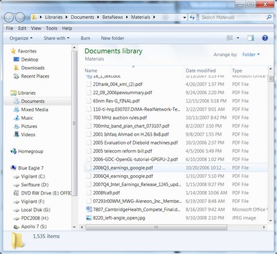 The appearance of a single place for your stuff, as part of the Libraries feature of the new Windows Explorer in Windows 7.