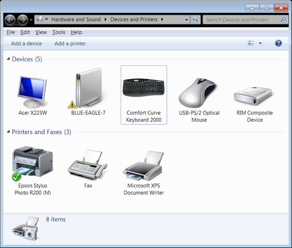 The new Devices and Printers window in Windows 7.