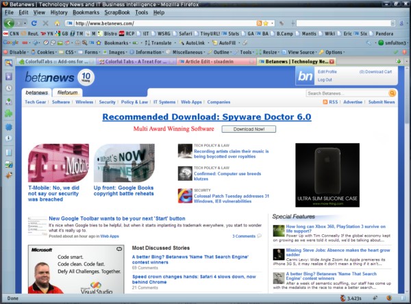 A decked-out Firefox 3.0.10, complete with many of the add-ons in the Betanews Collection on Mozilla.org, including Colorful Tabs and All-in-One Sidebar. A decked-out Firefox 3.0.10, complete with many of the add-ons in the Betanews Collection on Mozilla.org, including Colorful Tabs and All-in-One Sidebar.