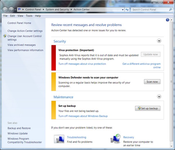 The Action Center console in Windows 7 reports that the anti-virus software we just installed is old...a feature of the new Action Center API used properly by Sophos.