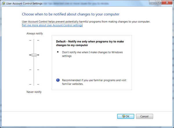 The heralded 'volume knob' for UAC in Windows 7.