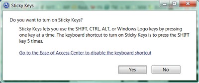 The Sticky Keys dialog from Windows Vista -- your ticket out of the Black Screen of Death.