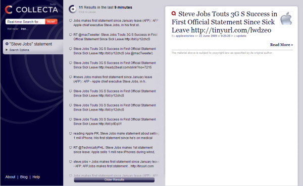 Collecta's search results for Steve Jobs's statement have a certain rhythm to them.