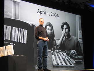 Apple CEO Steve Jobs introduces his company's name change to 'Apple Inc.' in an April 1, 2006 keynote address.