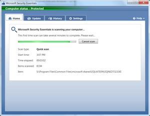 Microsoft Security Essentials in its initial scan for malware