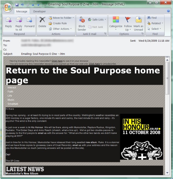 A page from the 'Soul Purpose' newsletter, rendered through Outlook 2007.