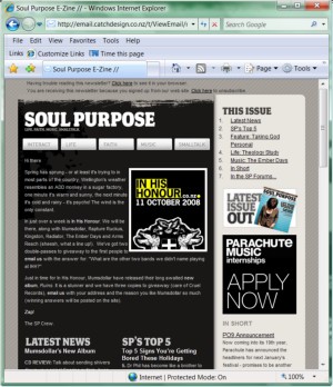 The Soul Purpose newsletter in its native form in Internet Explorer 8.