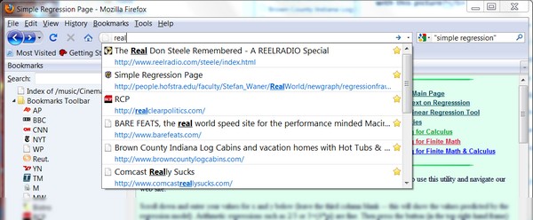 Firefox 3.5's address bar returns just one category of partial match -- from the Bookmarks file -- but returns it completely.