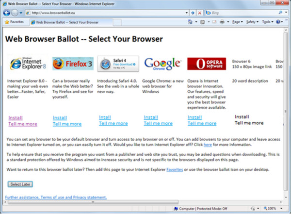 Microsoft's proposed 'Web Browser Ballot' as presented to the European Commission July 24, 2009.