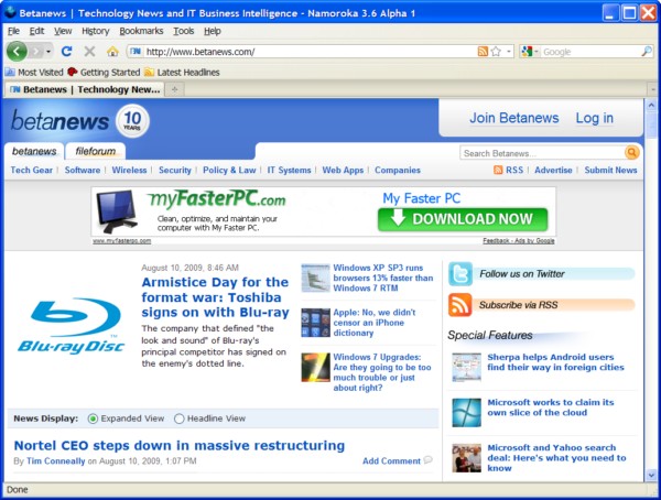 Mozilla Firefox 3.6 Alpha 1, code-name 'Namoroka,' as of August 10, 2009.