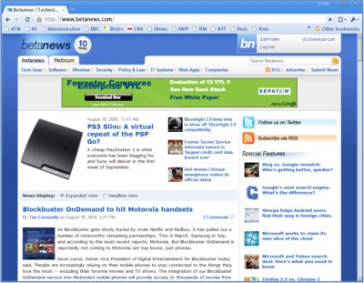 A first look at Google Chrome 4, with bookmarks freshly synched from Firefox.