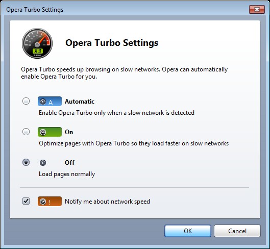 The Turbo Mode selection panel in Opera 10 RC. The Turbo Mode selection panel in Opera 10 RC.
