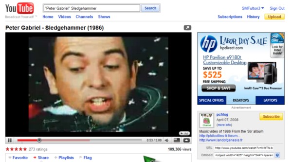Peter Gabriel's classic &quot;Sledgehammer&quot; video (1986), showing in all its glory on YouTube.