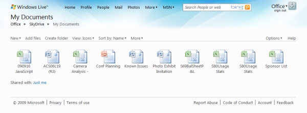 The 'My Documents' selection panel in SkyDrive which launches the Office Web Apps Technical Preview.