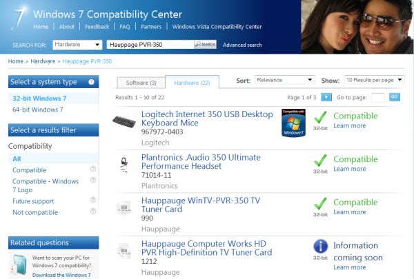 Hauppage PVR-350 TV tuner card shows up in Microsoft's Windows 7 Compatibility Center.