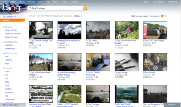 A search for D-Day videos in Bing Video Search doesn't necessarily pull up footage of the historic event.