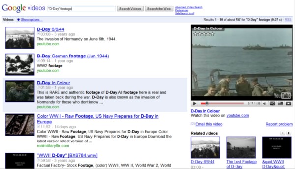 The same search for D-Day footage in Google Video Search has a few anomalies, but is more historical.